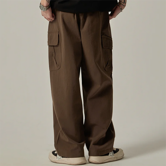 Men's Sweatpants 2025 Spring Autumn Vintage Japanese Wide Leg Straight Loose Button Big Pockets Cargo Pants Drawstring Trousers