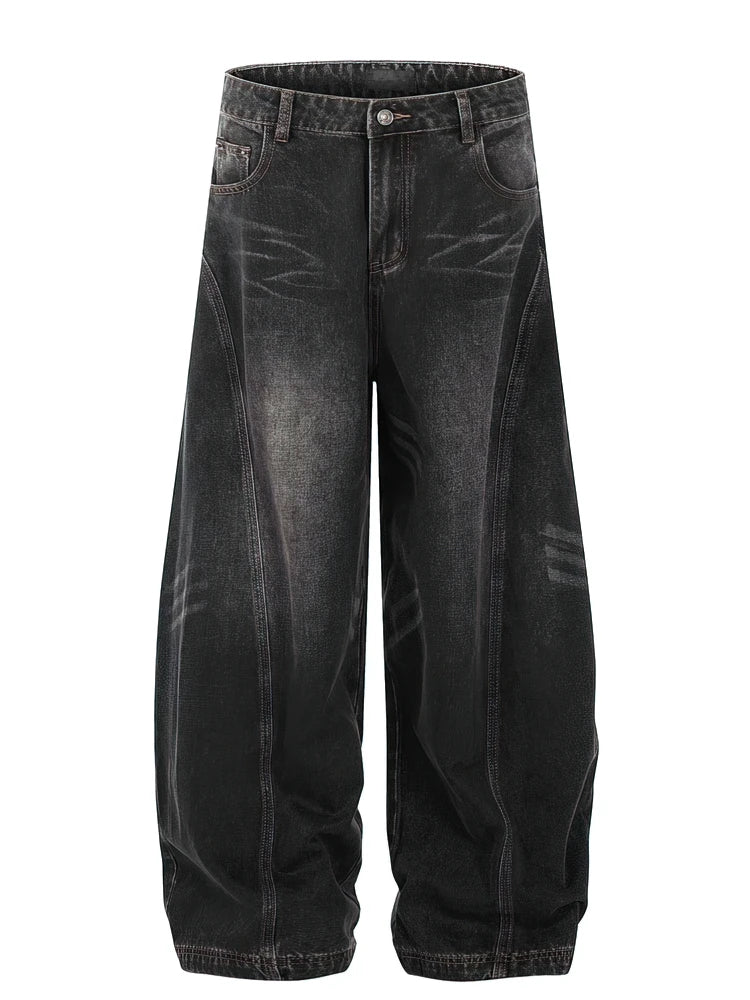 Vintage Black Washed Baggy Jeans Pants Men Wide Leg Curved Blade Pants Streetwear Cowboy Casual Denim Straight Trousers