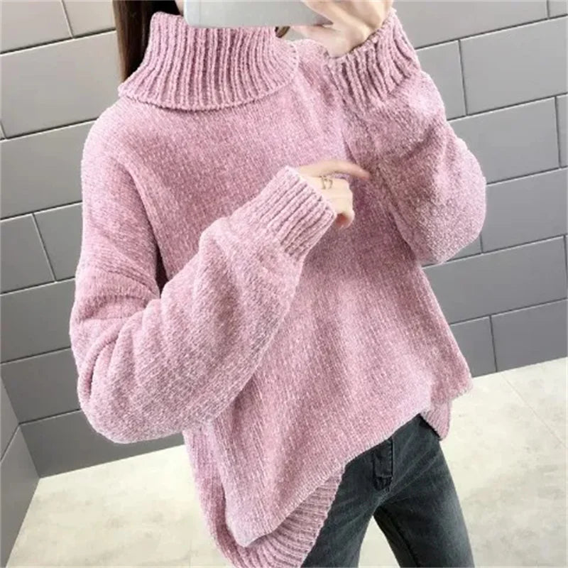 Chenille Turtleneck Sweater Women's Autumn Winter 2026 New Loose Elastic Thick Knitted Sweaters Solid Female Warm Base Shirt