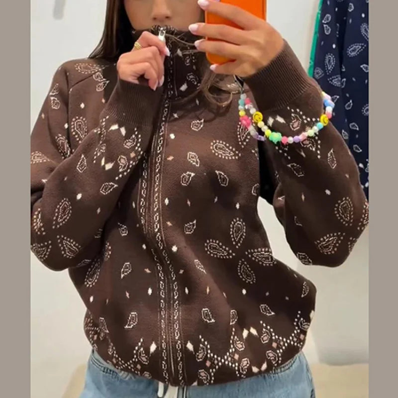 Fashion Knit Printed Sweater Women's Stand Collar Long Sleeve Zippers Vintage Style Cardigan 2026 Autumn New Lady Casual Top ﻿