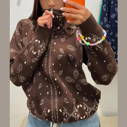 Fashion Knit Printed Sweater Women's Stand Collar Long Sleeve Zippers Vintage Style Cardigan 2026 Autumn New Lady Casual Top ﻿