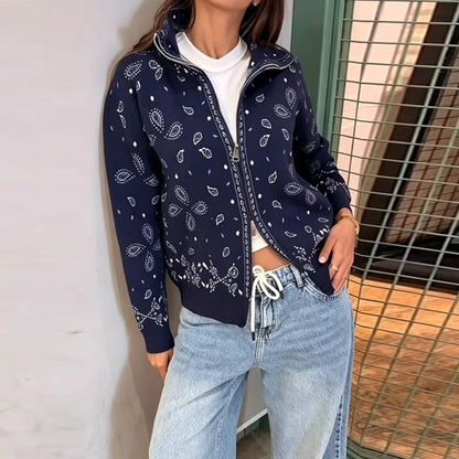 Fashion Knit Printed Sweater Women's Stand Collar Long Sleeve Zippers Vintage Style Cardigan 2026 Autumn New Lady Casual Top ﻿