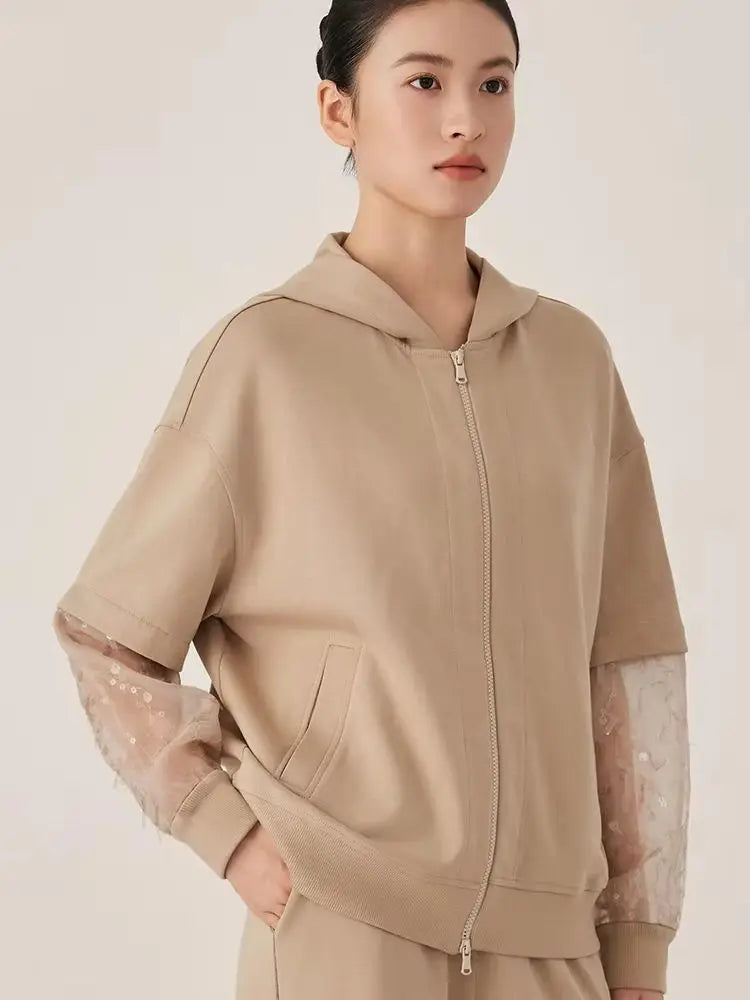 Women's Casual Zip-Up Hoodie with Sheer Sequin Sleeves Cotton Blend Comfortable Fashionable Streetwear