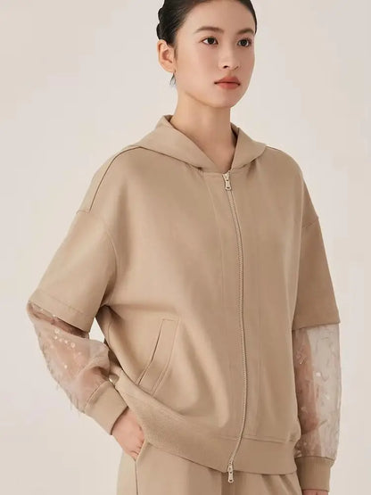 Women's Casual Zip-Up Hoodie with Sheer Sequin Sleeves Cotton Blend Comfortable Fashionable Streetwear
