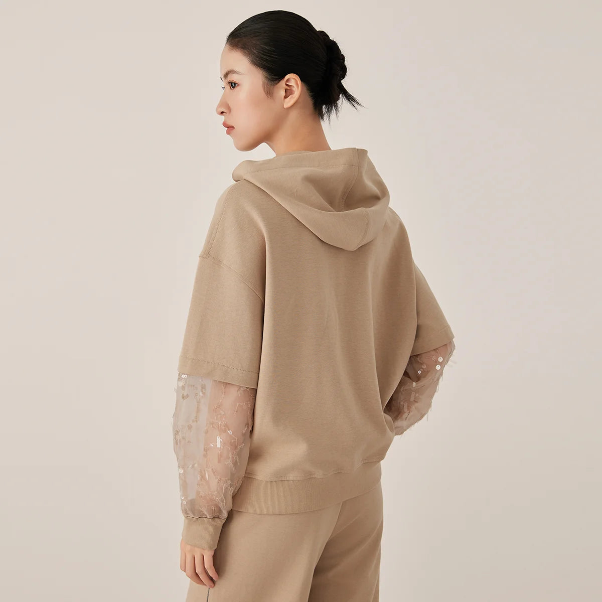 Women's Casual Zip-Up Hoodie with Sheer Sequin Sleeves Cotton Blend Comfortable Fashionable Streetwear