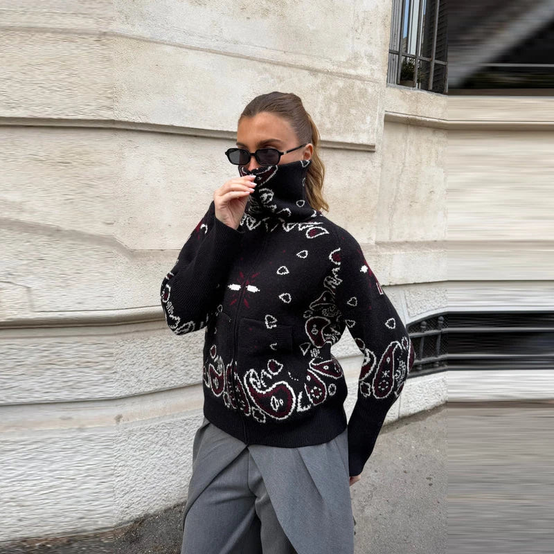 Fashion Knit Printed Sweater Women's Stand Collar Long Sleeve Zippers Vintage Style Cardigan 2026 Autumn New Lady Casual Top ﻿
