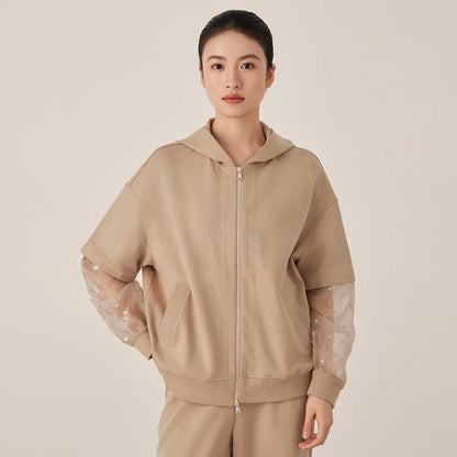 Women's Casual Zip-Up Hoodie with Sheer Sequin Sleeves Cotton Blend Comfortable Fashionable Streetwear