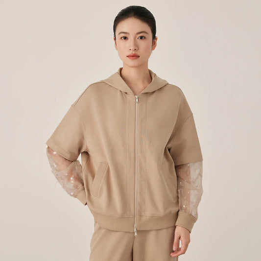Women's Casual Zip-Up Hoodie with Sheer Sequin Sleeves Cotton Blend Comfortable Fashionable Streetwear