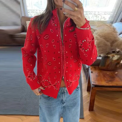 Fashion Knit Printed Sweater Women's Stand Collar Long Sleeve Zippers Vintage Style Cardigan 2026 Autumn New Lady Casual Top ﻿