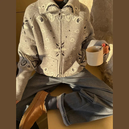 Fashion Knit Printed Sweater Women's Stand Collar Long Sleeve Zippers Vintage Style Cardigan 2026 Autumn New Lady Casual Top ﻿