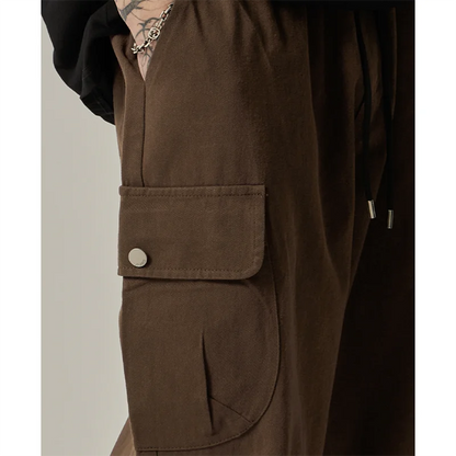 Men's Sweatpants 2025 Spring Autumn Vintage Japanese Wide Leg Straight Loose Button Big Pockets Cargo Pants Drawstring Trousers