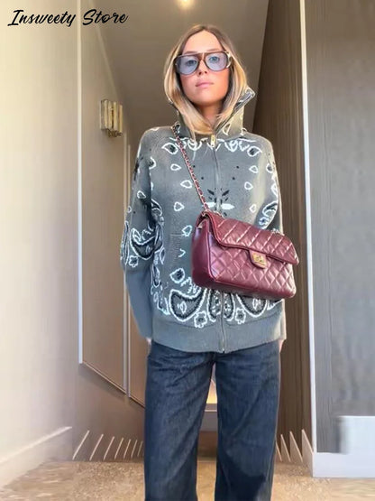 Fashion Knit Printed Sweater Women's Stand Collar Long Sleeve Zippers Vintage Style Cardigan 2026 Autumn New Lady Casual Top ﻿