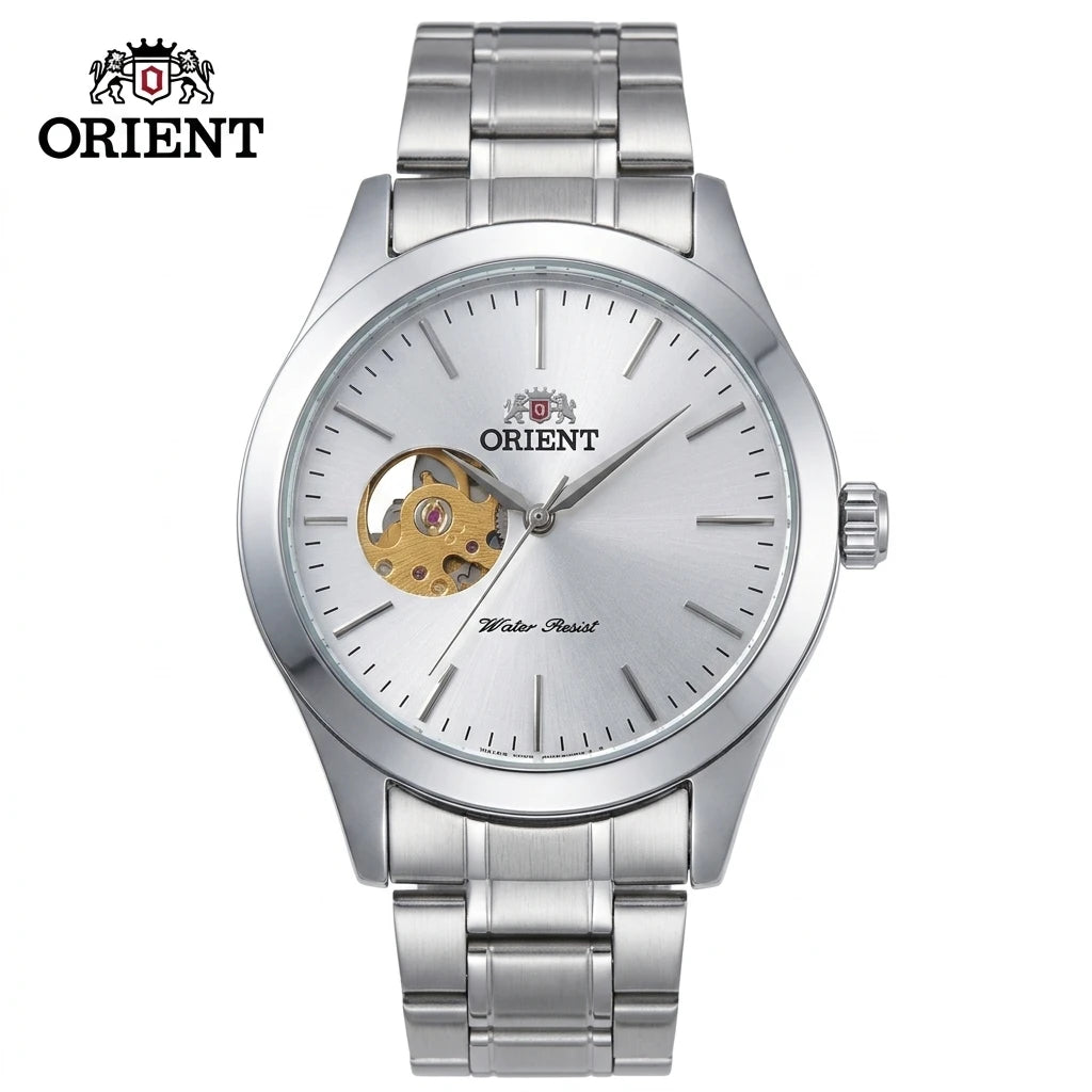 Orient Men Open Heart Skeleton Automatic Watch Luminous Two-tone Stainless Steel Business Dress Wristwatch