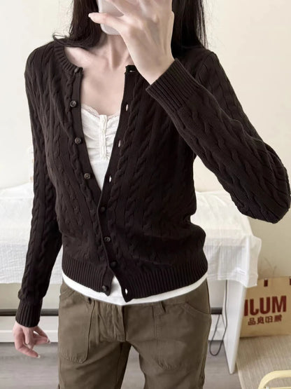 Twisted Flower Solid Sweater Cardigan Autumn Long Sleeve O-neck Single Breasted Cotton Knitwear Casual All-match Sweet Sweaters