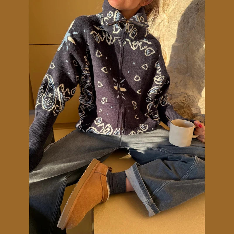 Fashion Knit Printed Sweater Women's Stand Collar Long Sleeve Zippers Vintage Style Cardigan 2026 Autumn New Lady Casual Top ﻿