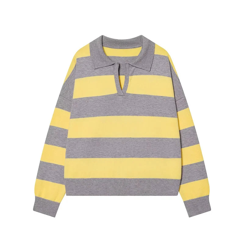 Autumn Women's 2026 New Knitted Striped Sweater Polo Neck Pullover Autumn Fashion Loose Elegant Warm Young Women Sweater Street