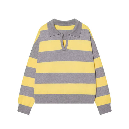 Autumn Women's 2026 New Knitted Striped Sweater Polo Neck Pullover Autumn Fashion Loose Elegant Warm Young Women Sweater Street