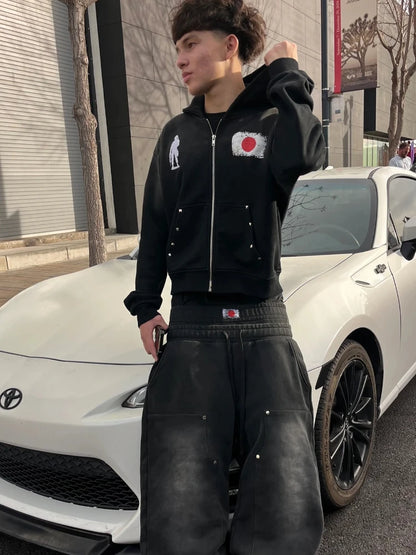 2025 Autumn and Winter Hot Diamond Loose Plush National Flag Design Casual Zipper Hooded Sweatshirt Pants Two-Piece Set Trendy S