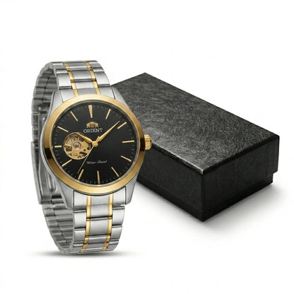 Orient Men Open Heart Skeleton Automatic Watch Luminous Two-tone Stainless Steel Business Dress Wristwatch