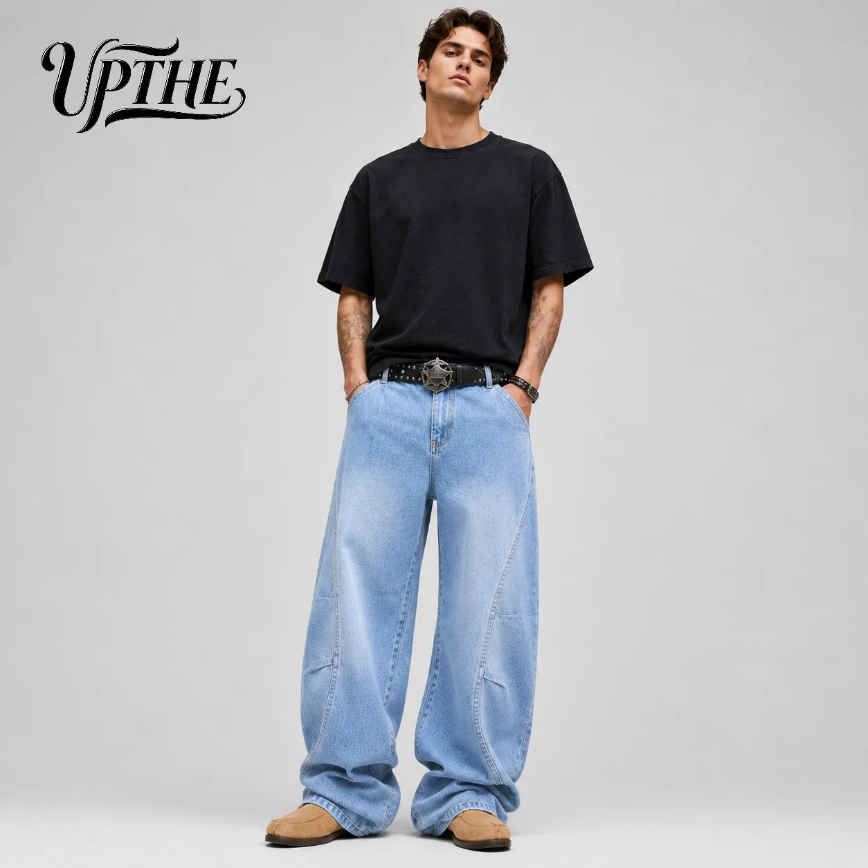 UP.THE Men Light Wash Baggy Wide Leg Jeans, Y2K Oversized Loose Denim Pants, Trendy Streetwear Trousers for Daily Outfits