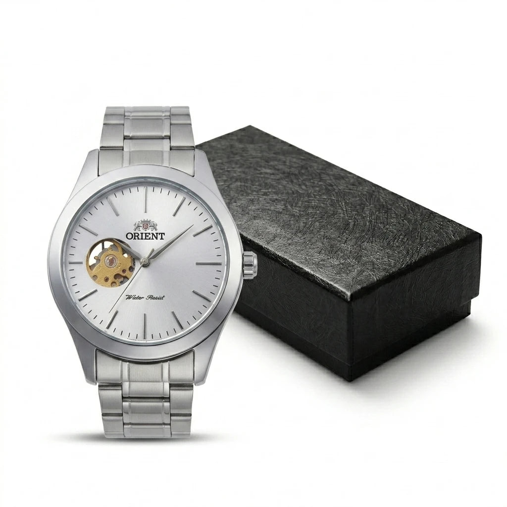 Orient Men Open Heart Skeleton Automatic Watch Luminous Two-tone Stainless Steel Business Dress Wristwatch