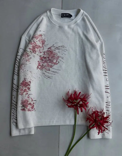 Fashionable Classics Round Neck Long Sleeved Versatile Loose T-shirt Y2K Streetwear Retro Personalized Creative Waffle Print Top