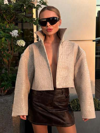 Fashion Solid Women's Jacket Stand Collar Zip Short Oversize Long Sleeves Loose Chic Top 2026 Autumn New High Street Daily Wear