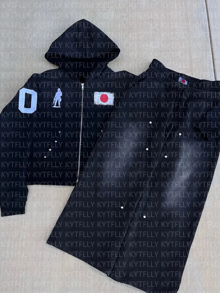 2025 Autumn and Winter Hot Diamond Loose Plush National Flag Design Casual Zipper Hooded Sweatshirt Pants Two-Piece Set Trendy S