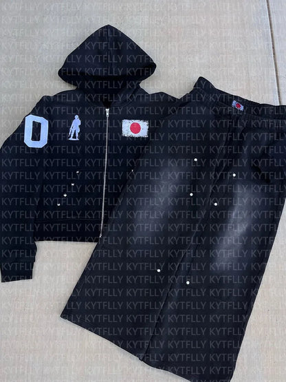 2025 Autumn and Winter Hot Diamond Loose Plush National Flag Design Casual Zipper Hooded Sweatshirt Pants Two-Piece Set Trendy S