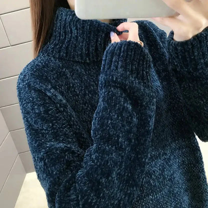 Chenille Turtleneck Sweater Women's Autumn Winter 2026 New Loose Elastic Thick Knitted Sweaters Solid Female Warm Base Shirt