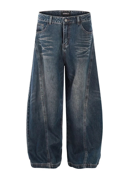 Vintage Black Washed Baggy Jeans Pants Men Wide Leg Curved Blade Pants Streetwear Cowboy Casual Denim Straight Trousers