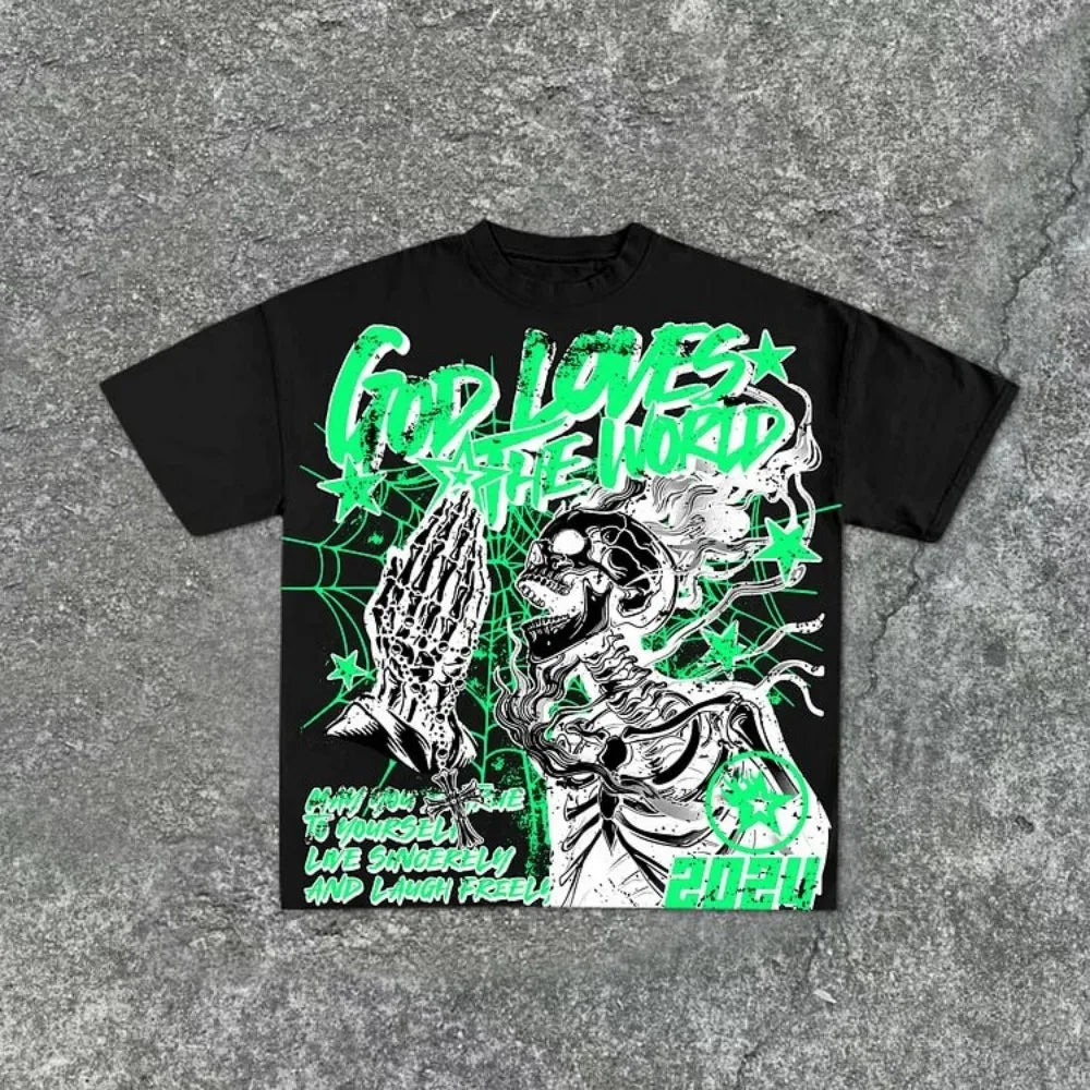 Fashionable new men's personalized skull graffiti print, comfortable and breathable round neck T-shirt outdoor street style top