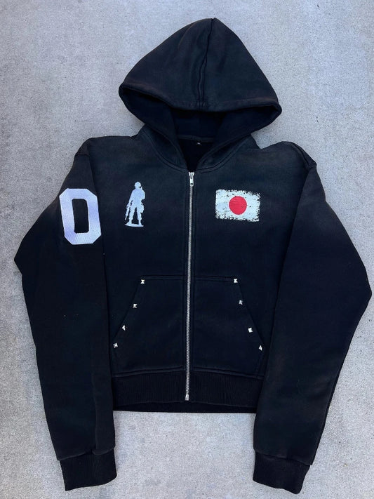 2025 Autumn and Winter Hot Diamond Loose Plush National Flag Design Casual Zipper Hooded Sweatshirt Pants Two-Piece Set Trendy S