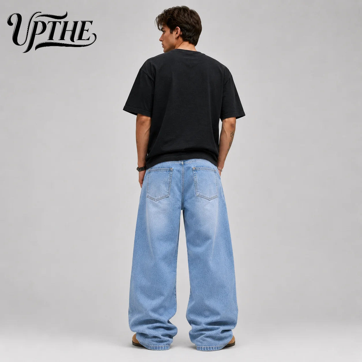 UP.THE Men Light Wash Baggy Wide Leg Jeans, Y2K Oversized Loose Denim Pants, Trendy Streetwear Trousers for Daily Outfits