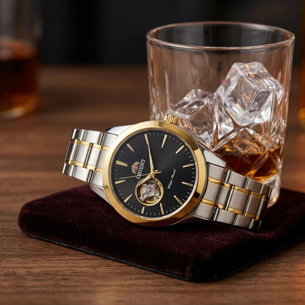 Orient Men Open Heart Skeleton Automatic Watch Luminous Two-tone Stainless Steel Business Dress Wristwatch