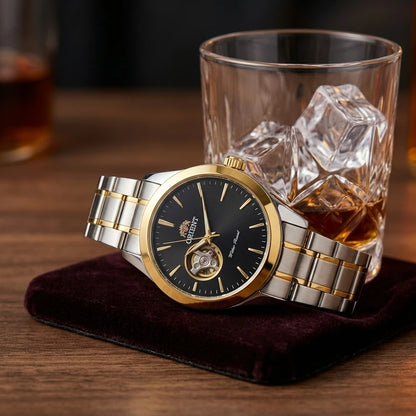 Orient Men Open Heart Skeleton Automatic Watch Luminous Two-tone Stainless Steel Business Dress Wristwatch