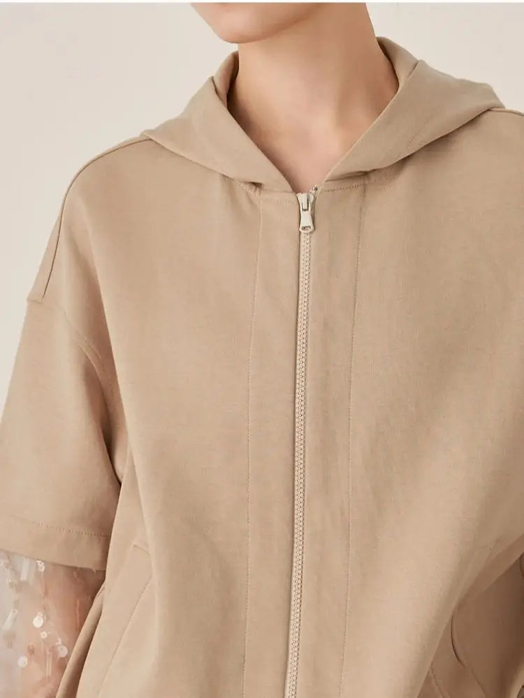 Women's Casual Zip-Up Hoodie with Sheer Sequin Sleeves Cotton Blend Comfortable Fashionable Streetwear