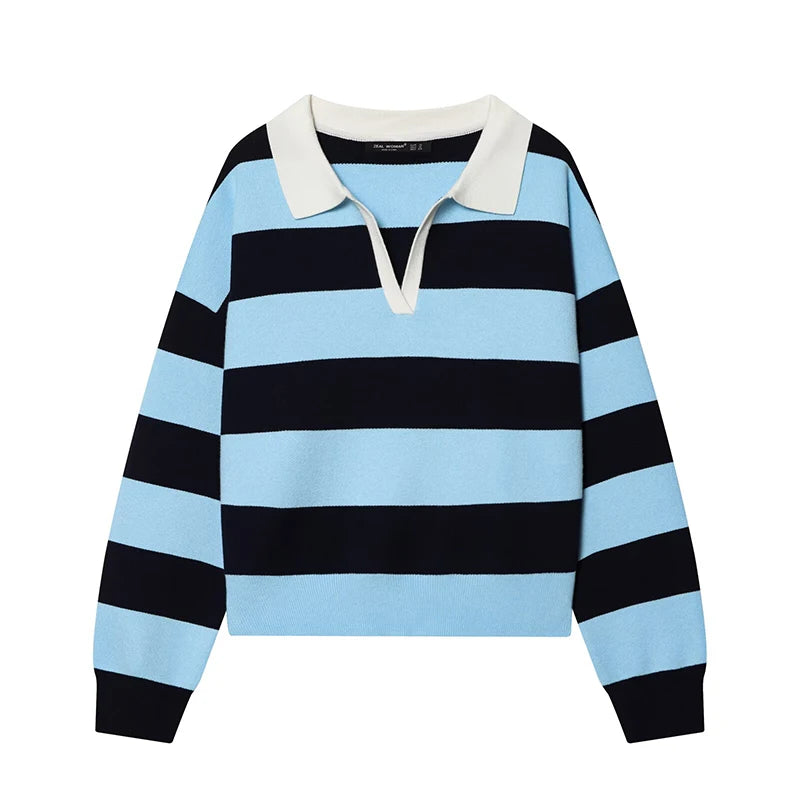 Autumn Women's 2026 New Knitted Striped Sweater Polo Neck Pullover Autumn Fashion Loose Elegant Warm Young Women Sweater Street
