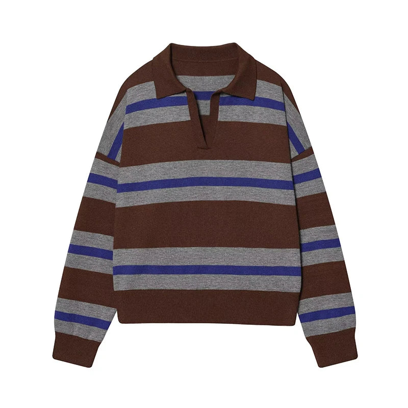 Autumn Women's 2026 New Knitted Striped Sweater Polo Neck Pullover Autumn Fashion Loose Elegant Warm Young Women Sweater Street