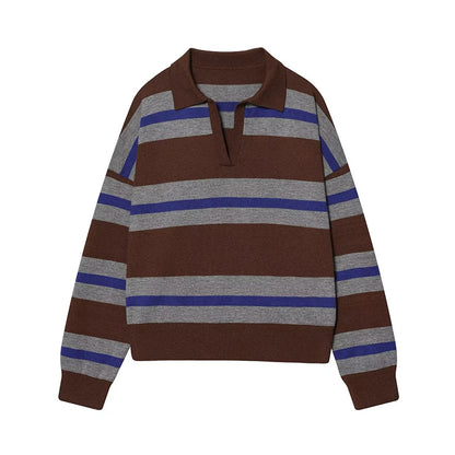 Autumn Women's 2026 New Knitted Striped Sweater Polo Neck Pullover Autumn Fashion Loose Elegant Warm Young Women Sweater Street