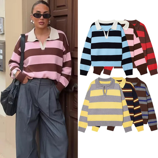 Autumn Women's 2026 New Knitted Striped Sweater Polo Neck Pullover Autumn Fashion Loose Elegant Warm Young Women Sweater Street