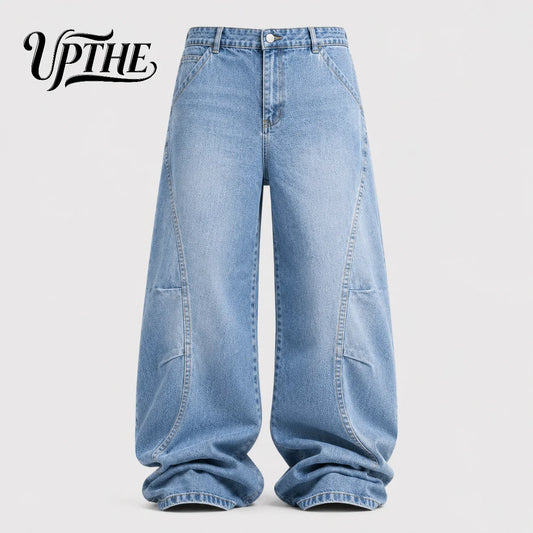 UP.THE Men Light Wash Baggy Wide Leg Jeans, Y2K Oversized Loose Denim Pants, Trendy Streetwear Trousers for Daily Outfits