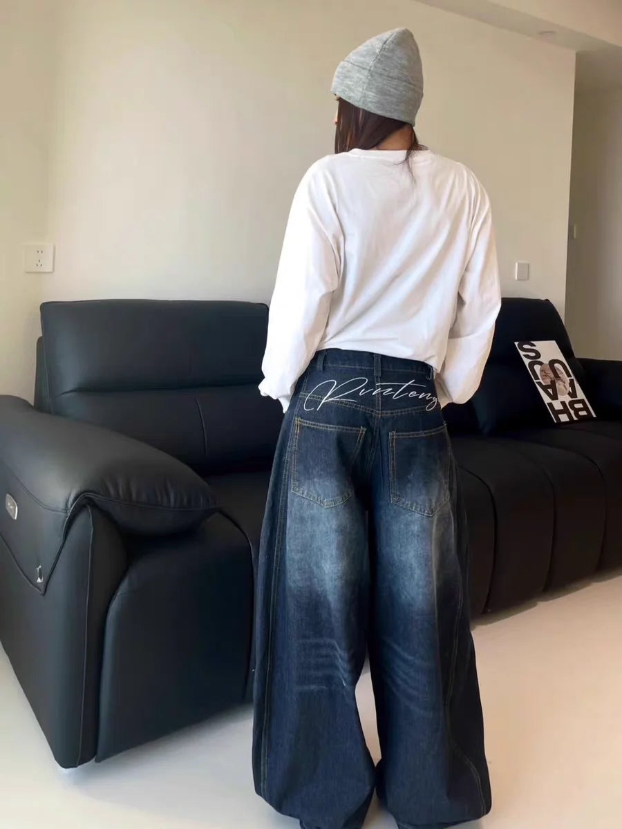 Casual Womens Y2K Loose Baggy Jeans Blue Washed High Street Vintage Cargo Pants Wide Leg Oversized Trousers Y2K Pants