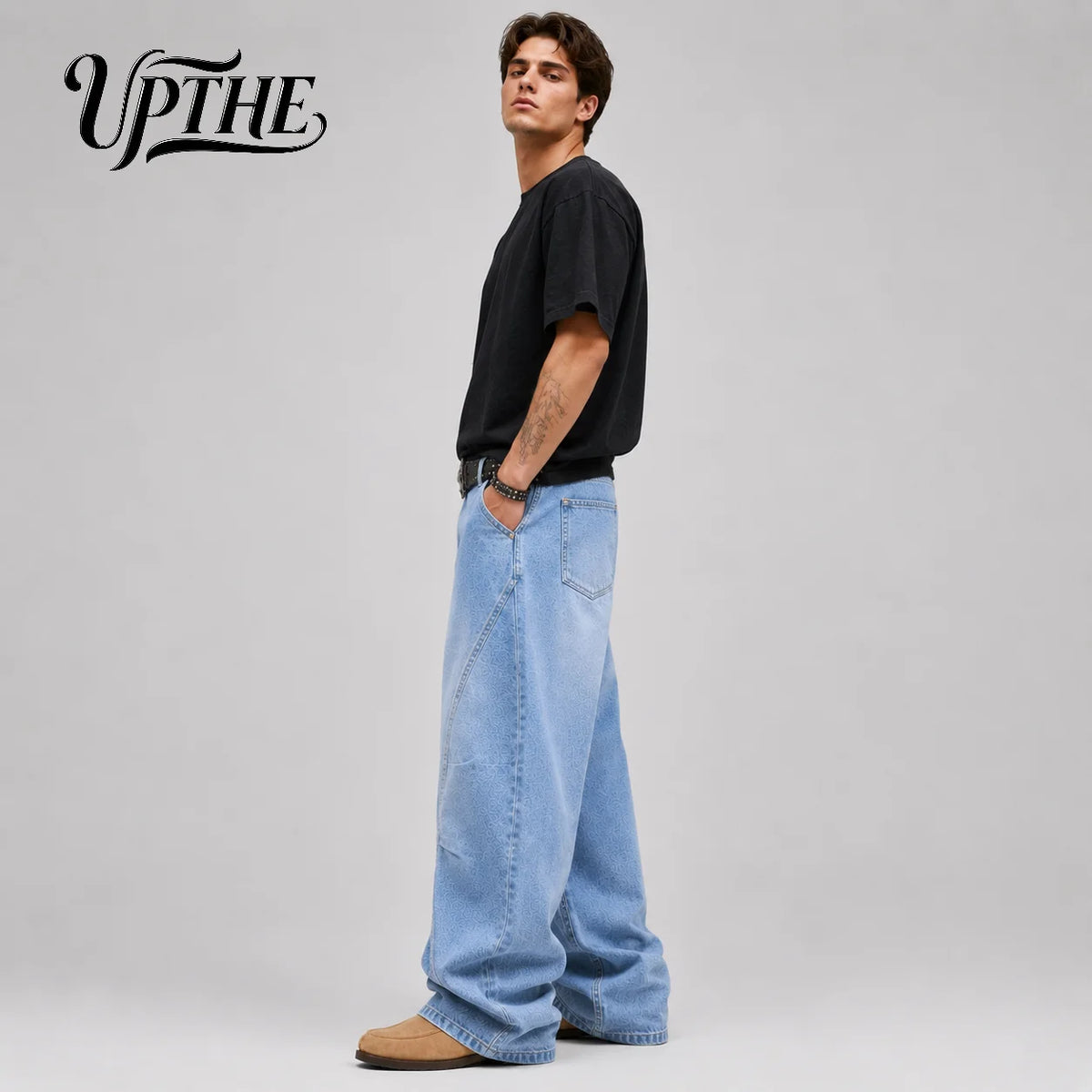 UP.THE Men Light Wash Baggy Wide Leg Jeans, Y2K Oversized Loose Denim Pants, Trendy Streetwear Trousers for Daily Outfits