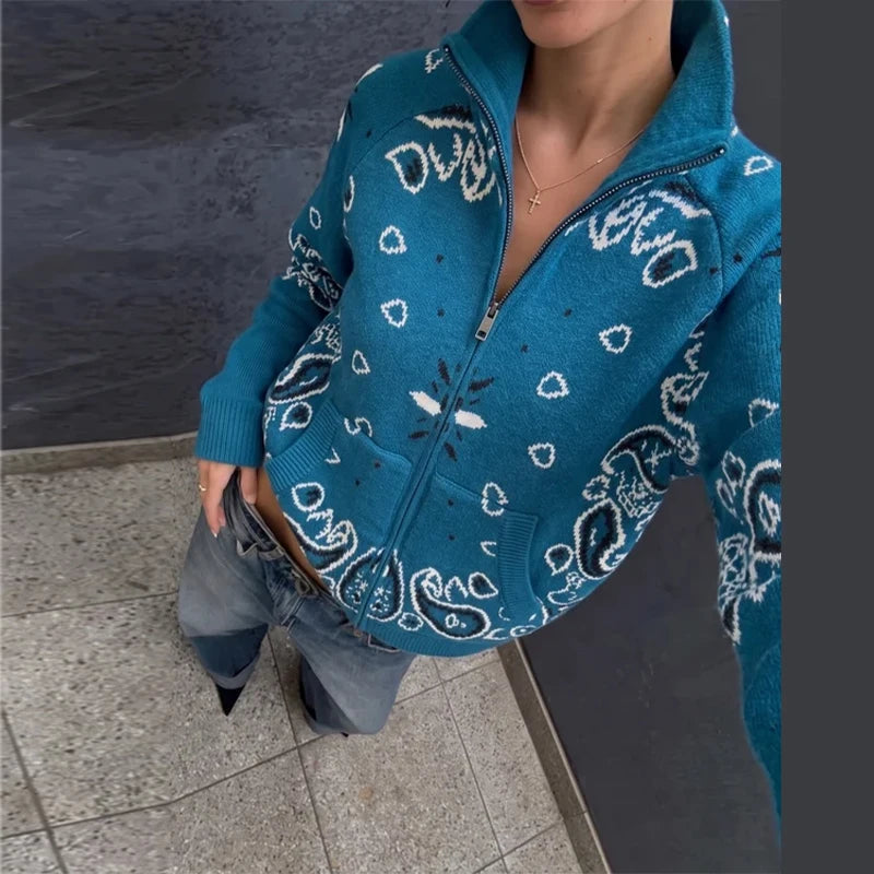 Fashion Knit Printed Sweater Women's Stand Collar Long Sleeve Zippers Vintage Style Cardigan 2026 Autumn New Lady Casual Top ﻿