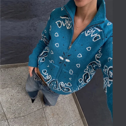 Fashion Knit Printed Sweater Women's Stand Collar Long Sleeve Zippers Vintage Style Cardigan 2026 Autumn New Lady Casual Top ﻿