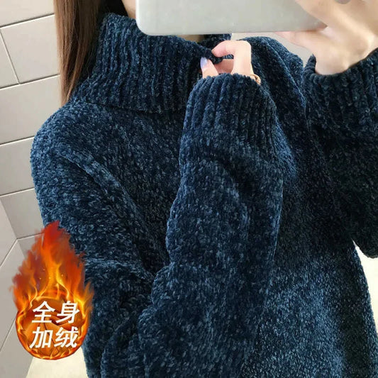 Chenille Turtleneck Sweater Women's Autumn Winter 2026 New Loose Elastic Thick Knitted Sweaters Solid Female Warm Base Shirt