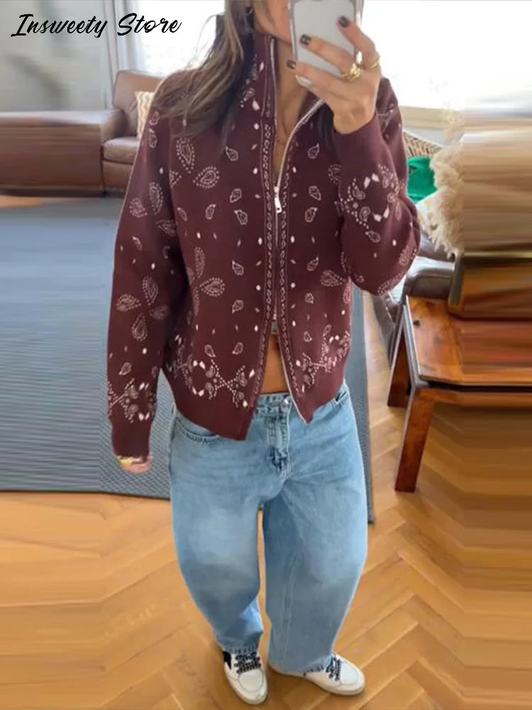 Fashion Knit Printed Sweater Women's Stand Collar Long Sleeve Zippers Vintage Style Cardigan 2026 Autumn New Lady Casual Top ﻿