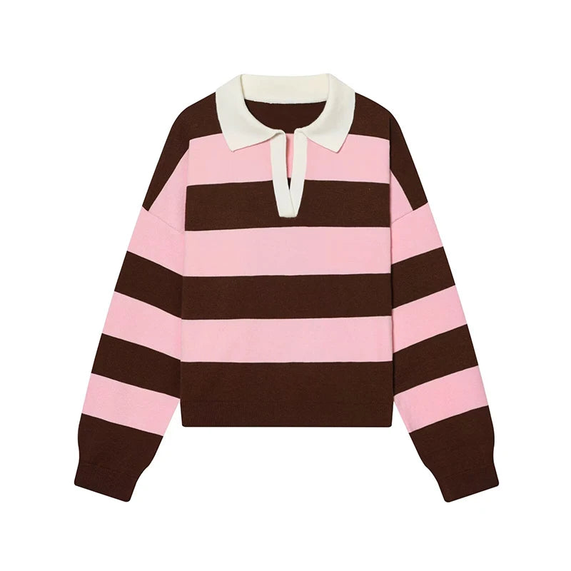Autumn Women's 2026 New Knitted Striped Sweater Polo Neck Pullover Autumn Fashion Loose Elegant Warm Young Women Sweater Street