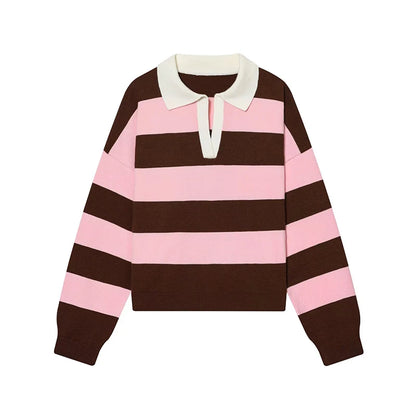 Autumn Women's 2026 New Knitted Striped Sweater Polo Neck Pullover Autumn Fashion Loose Elegant Warm Young Women Sweater Street